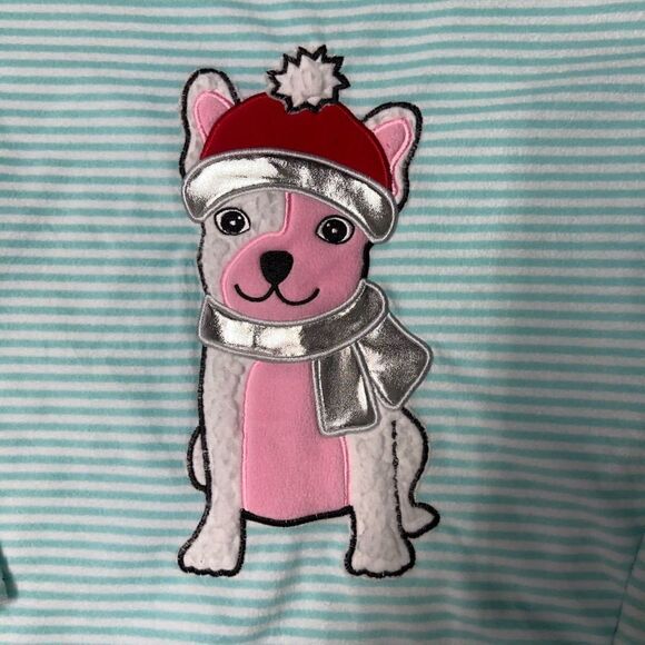 PJ Couture Pajama Top Aqua White Stripe Dog Appliqué Christmas Junior Large - Picture 9 of 10